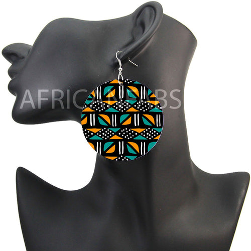 Turquoise / gele mud cloth / bogolan - Afrikaanse oorbellen