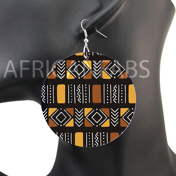 Zwarte / bruine mud cloth / bogolan - Afrikaanse oorbellen