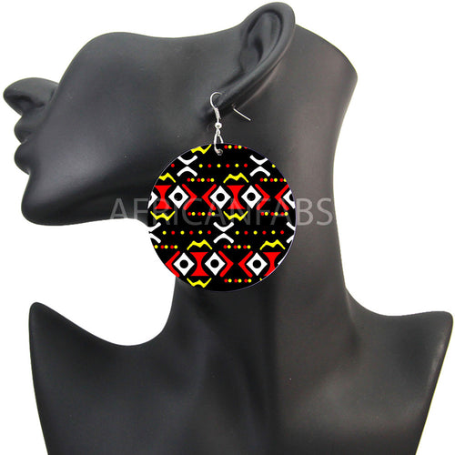 Zwart / Rood / gele bogolan - Afrikaanse print oorbellen