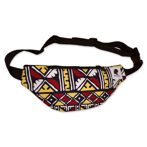 Afrikaanse print heuptasje / Fanny pack - Kastanjerood / gele bogolan - Festival tasje met verstelbare band