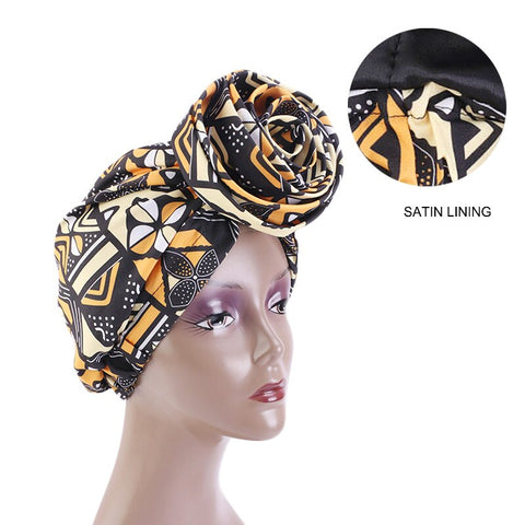 Pre-wrapped bandana / muts - Afrikaanse Oranje Bogolan Print Satijnen hoofddeksel