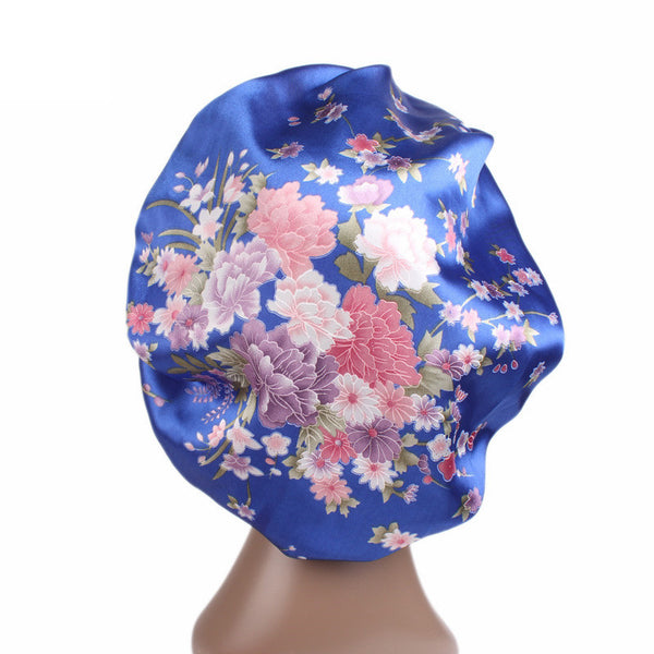 Blauw Roze bloemen Satijnen Slaapmuts / Satin Hair Bonnet / Haar bonnet van Satijn