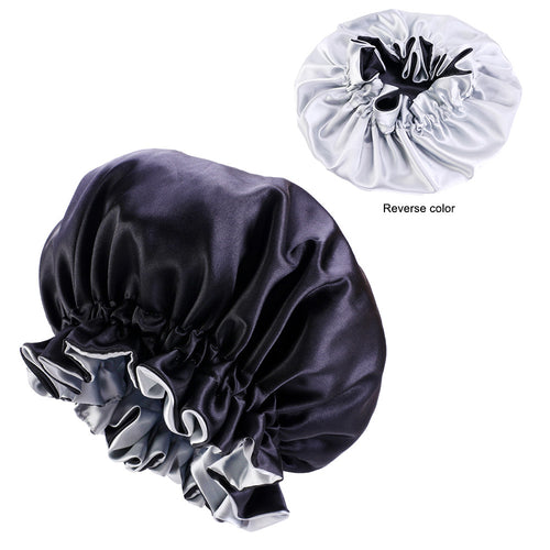 Zwarte / Grijze Satijnen Slaapmuts met randje / Reversible Satin Hair Bonnet / Haar bonnet van Satijn