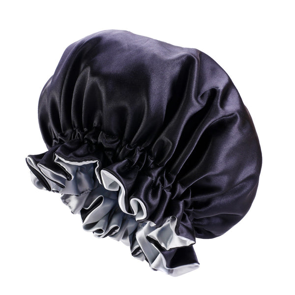 Zwarte / Grijze Satijnen Slaapmuts met randje / Reversible Satin Hair Bonnet / Haar bonnet van Satijn
