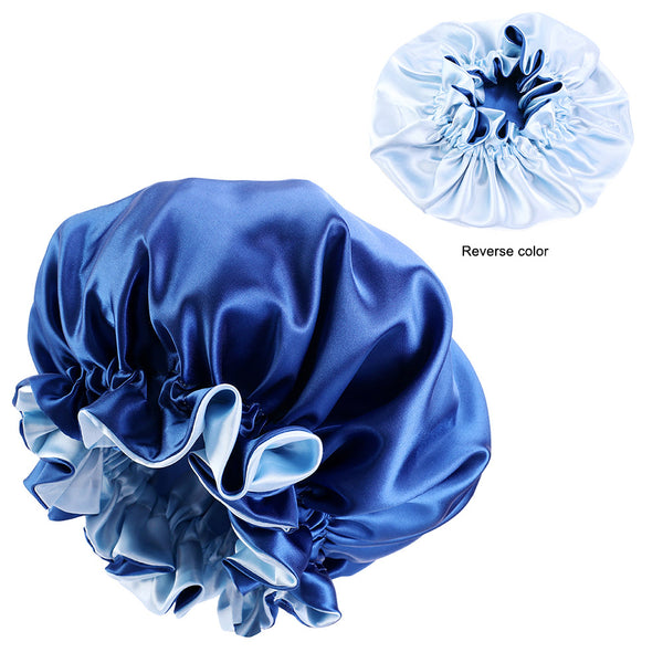 Blauwe Satijnen Slaapmuts met randje / Reversible Satin Hair Bonnet / Haar bonnet van Satijn