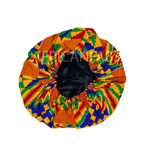 Afrikaanse print Slaapmuts / Hair Bonnet - Oranje / blauwe Kente ( Satijnen binnenkant )
