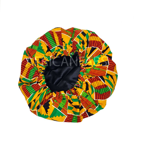 Afrikaanse print Slaapmuts / Hair Bonnet - Oranje / groene Kente ( Satijnen binnenkant )