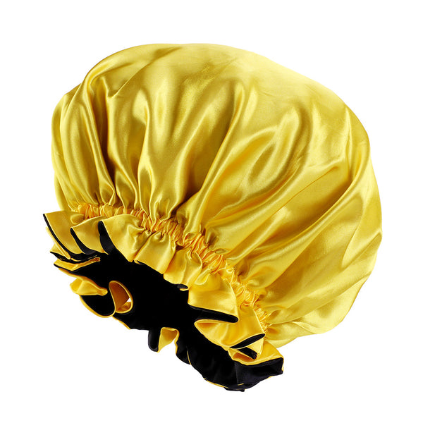 Gele / Zwarte Satijnen Slaapmuts met randje / Reversible Satin Hair Bonnet / Haar bonnet van Satijn
