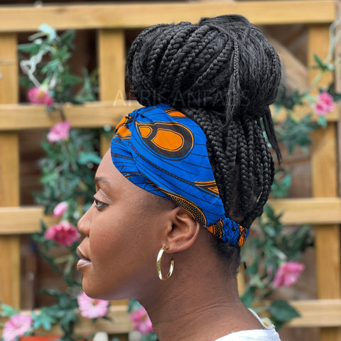Haarband / Hoofdband in Afrikaanse print - Volwassenen - Blauw / Oranje electric bulb VLISCO