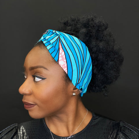 Haarband / Hoofdband in Afrikaanse print - Volwassenen - Blauw big leaves