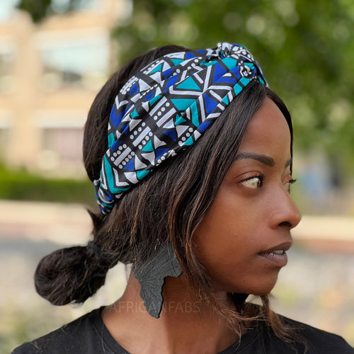 Haarband / Hoofdband in Afrikaanse print (Grotere maat) - Blauwe Bogolan