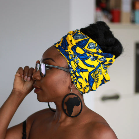 Afrikaanse hoofddoek / Vlisco headwrap - Geel / Blauwe leaftrail