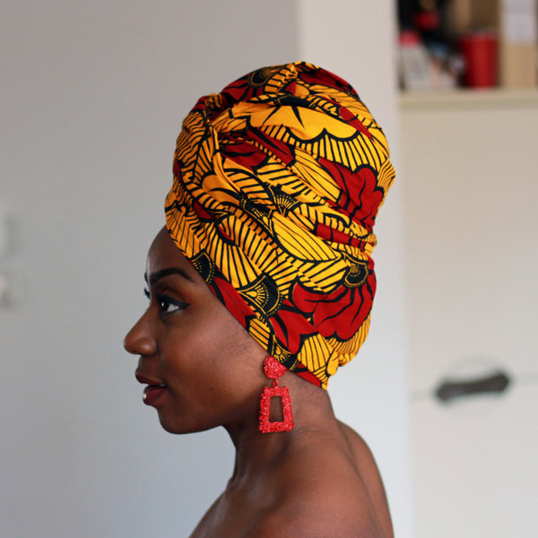 Afrikaanse hoofddoek / Vlisco headwrap - Goud / Rode trouwbloemen