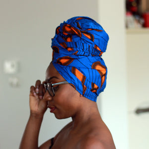 Afrikaanse hoofddoek / Vlisco headwrap - Blauw / Oranje electric bulb