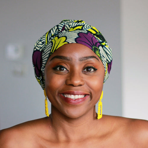 Afrikaanse hoofddoek / Vlisco headwrap - Paars / Gele trouwbloemen