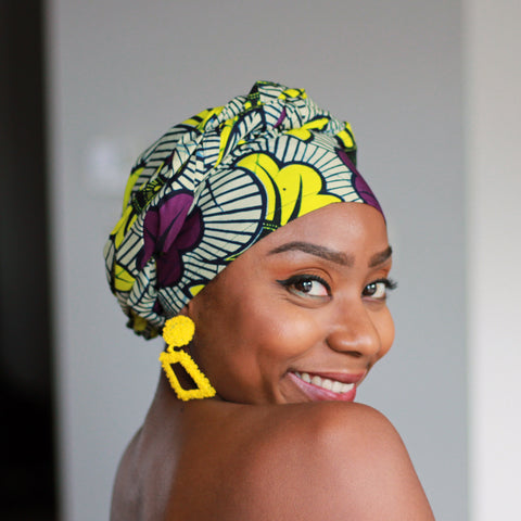 Afrikaanse hoofddoek / Vlisco headwrap - Paars / Gele trouwbloemen