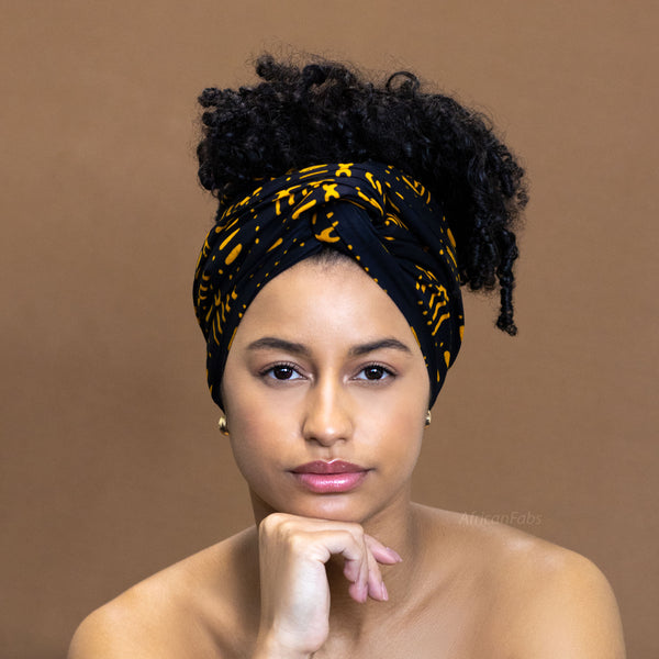 Afrikaanse Zwart / Gele Bogolan / Mud hoofddoek - headwrap