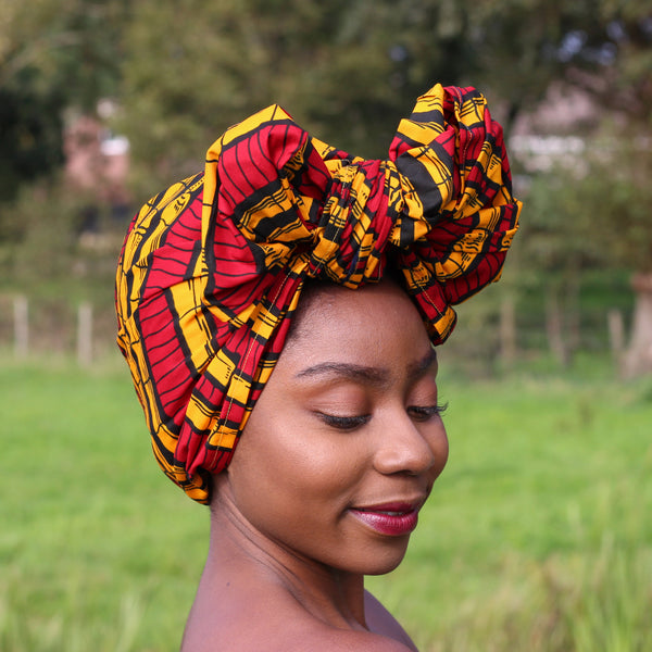 Afrikaanse hoofddoek / Vlisco headwrap - Rood / gele sugar cane