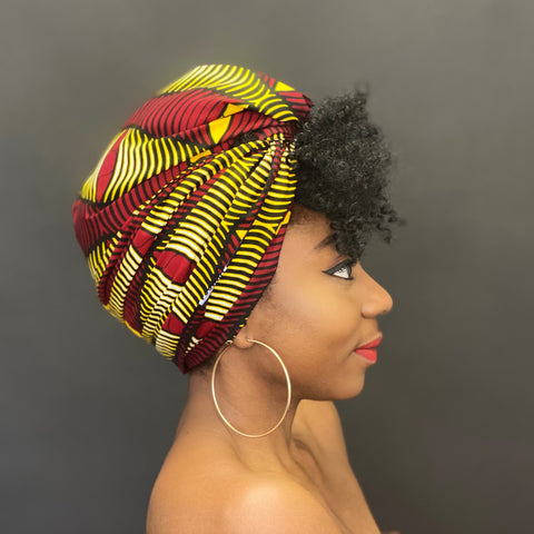 Afrikaanse hoofddoek / headwrap - Donkerrood / gele swirl cone
