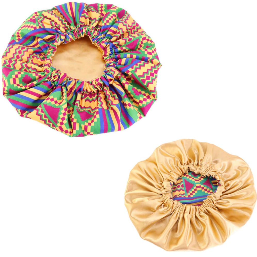 Afrikaanse Paars / Groene Kente Print Satijnen Slaapmuts / Hair Bonnet (reversible)