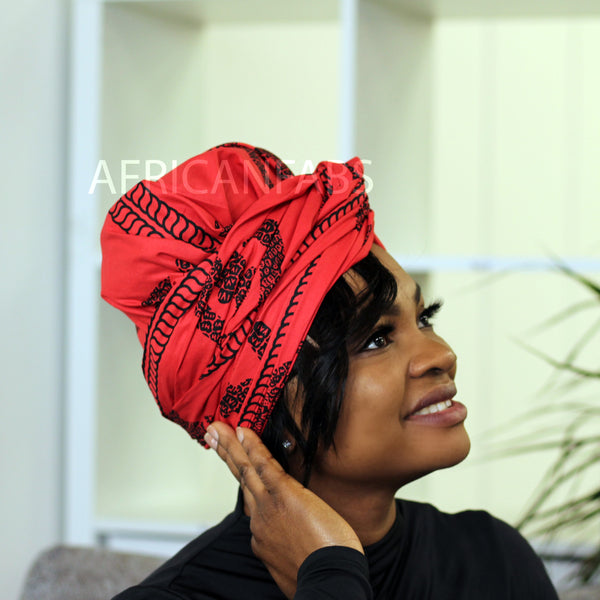 Afrikaanse hoofddoek / headwrap - Rood / zwart big adinkra