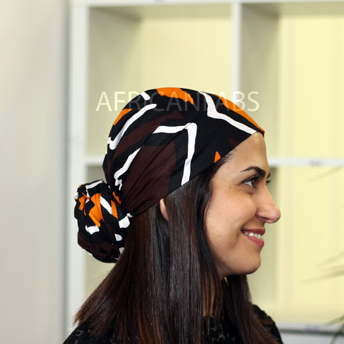 Afrikaanse hoofddoek / headwrap - Mud cloth print - Oranje / Bruin