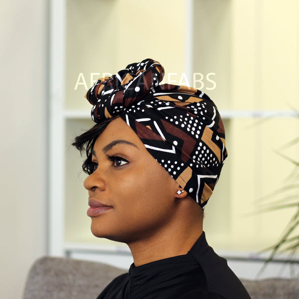 Afrikaanse hoofddoek / headwrap - Mud cloth print - Bruin / Beige