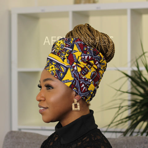 Afrikaanse hoofddoek / headwrap - Mud cloth print - Geel / Kastanje mud