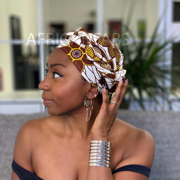 Afrikaanse hoofddoek / headwrap - Bruin / gele big flower
