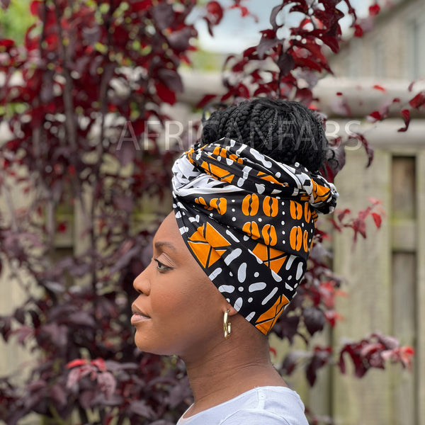 Afrikaanse Zwart / oranje hoofddoek - Mud cloth headwrap