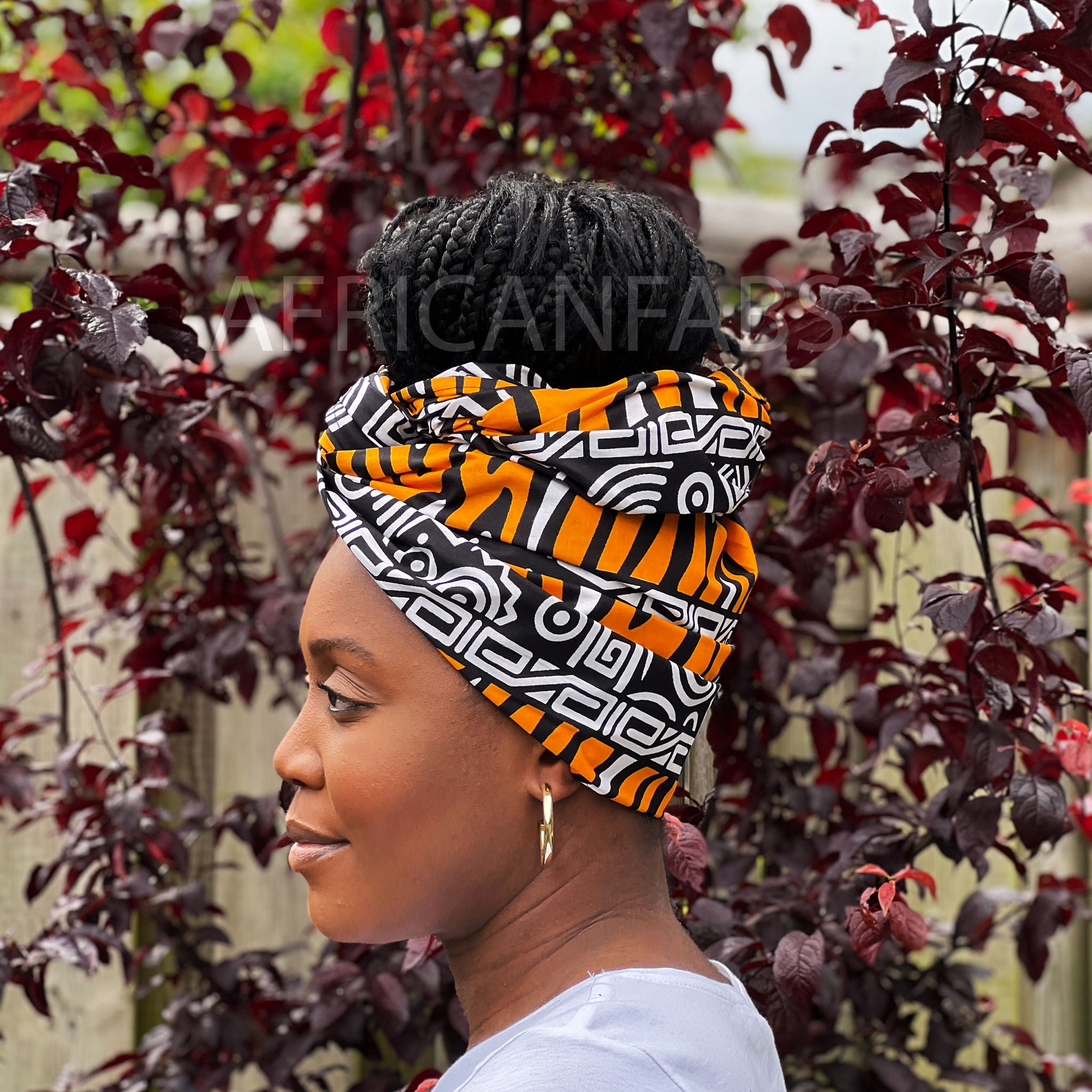 Afrikaanse Zwart / oranje hoofddoek - Mud cloth headwrap