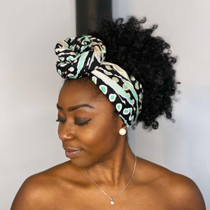 Afrikaanse hoofddoek / headwrap - Zwart Groene metallic Bogolan
