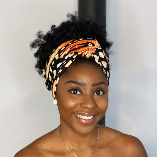 Afrikaanse hoofddoek / headwrap - Zwart Oranje metallic Bogolan