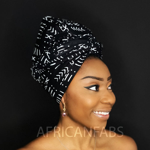 Afrikaanse Zwart / witte Bogolan hoofddoek - Mud cloth headwrap