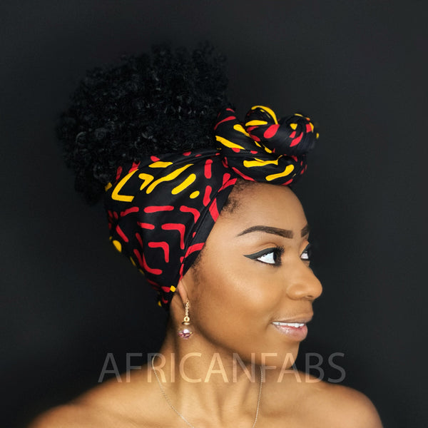 Afrikaanse Zwart / gele Bogolan hoofddoek - Mud cloth headwrap