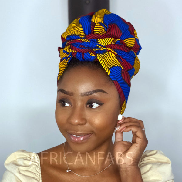 Afrikaanse hoofddoek / Vlisco headwrap - Rood / Blauw / Gele Santana