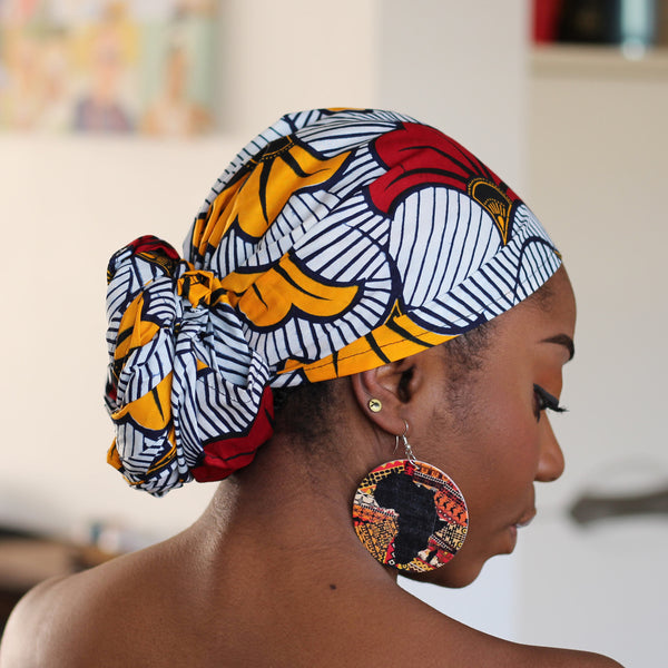 Afrikaanse hoofddoek / Vlisco headwrap - Wit / rode / gele trouwbloemen