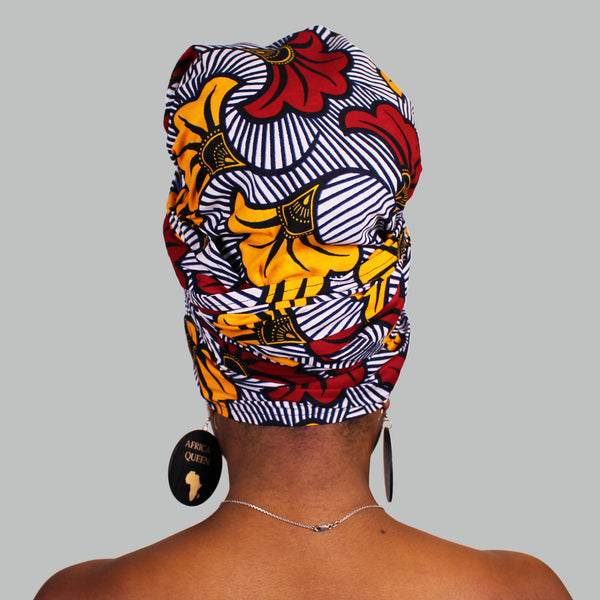 Afrikaanse hoofddoek / Vlisco headwrap - Wit / rode / gele trouwbloemen