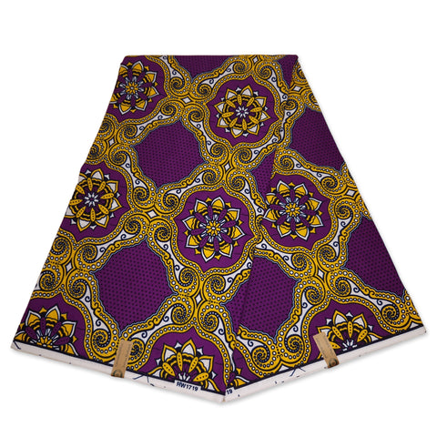 Afrikaanse stof - Geel / paarse royal patterns - 100% katoen