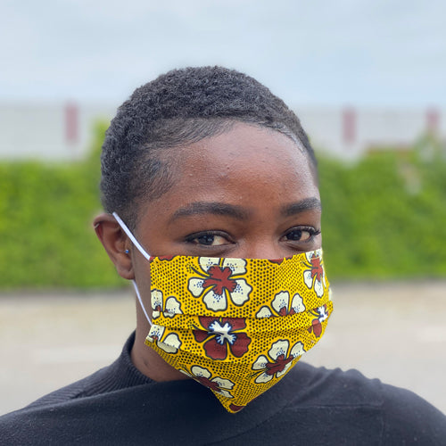 Afrikaanse print mondmasker / mondkapje van katoen Unisex - Mosterd kastanje bloemen