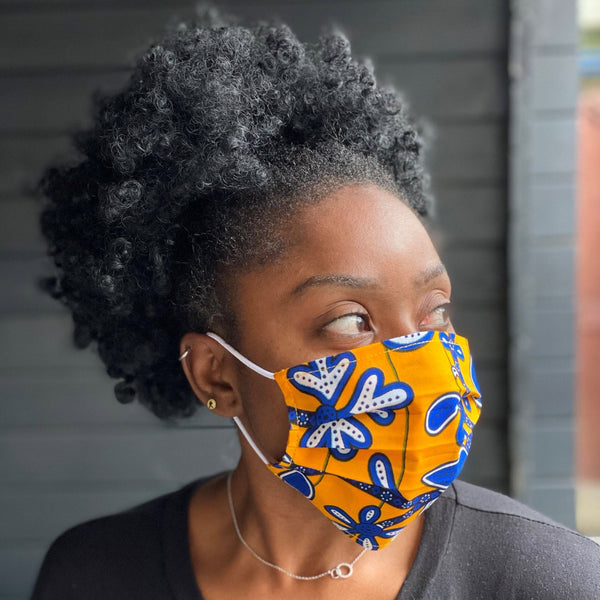 Afrikaanse print mondmasker / mondkapje van katoen Unisex - Geel blauwe leafs