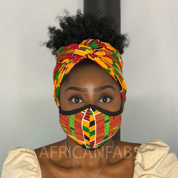 Afrikaanse hoofddoek + mondkapje matching SET - Kente print
