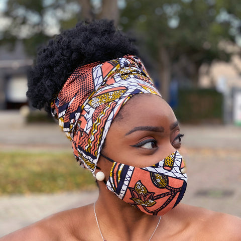 Afrikaanse hoofddoek + mondkapje matching SET - Perzik / mosterd plaid