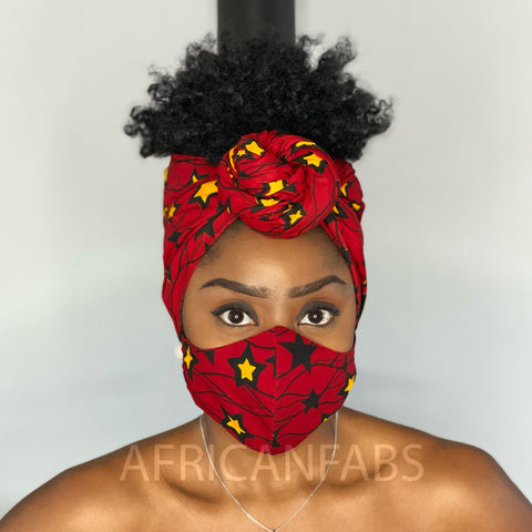 Afrikaanse hoofddoek + mondkapje matching SET (Vlisco) - Rode star