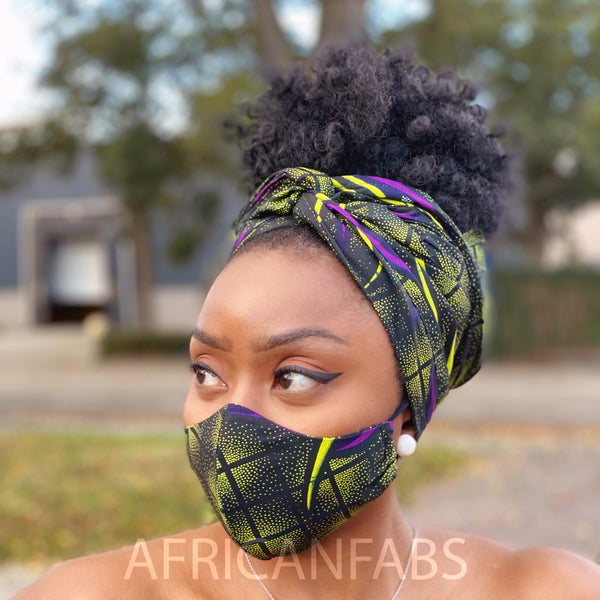 African print Mouth mask / Face mask made of Vlisco fabric (Premium model) Unisex - Green Purple butterflies