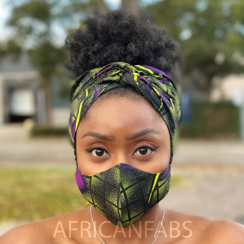 Afrikaanse hoofddoek + mondkapje matching SET (Vlisco) - Groen Paarse butterflies