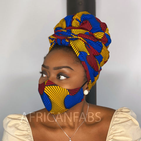 Afrikaanse hoofddoek + mondkapje matching SET (Vlisco) - Rood blauwe santana
