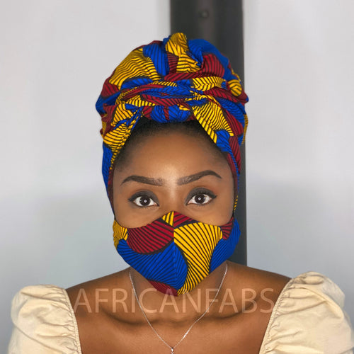 Afrikaanse hoofddoek + mondkapje matching SET (Vlisco) - Rood blauwe santana