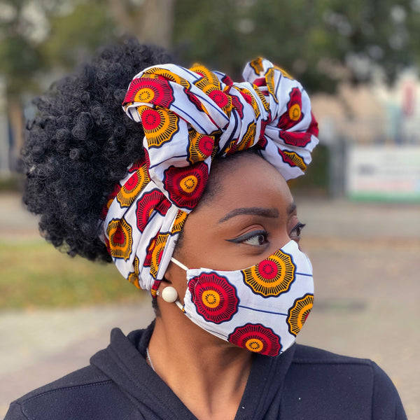 Afrikaanse hoofddoek + mondkapje matching SET - Wit rode disks