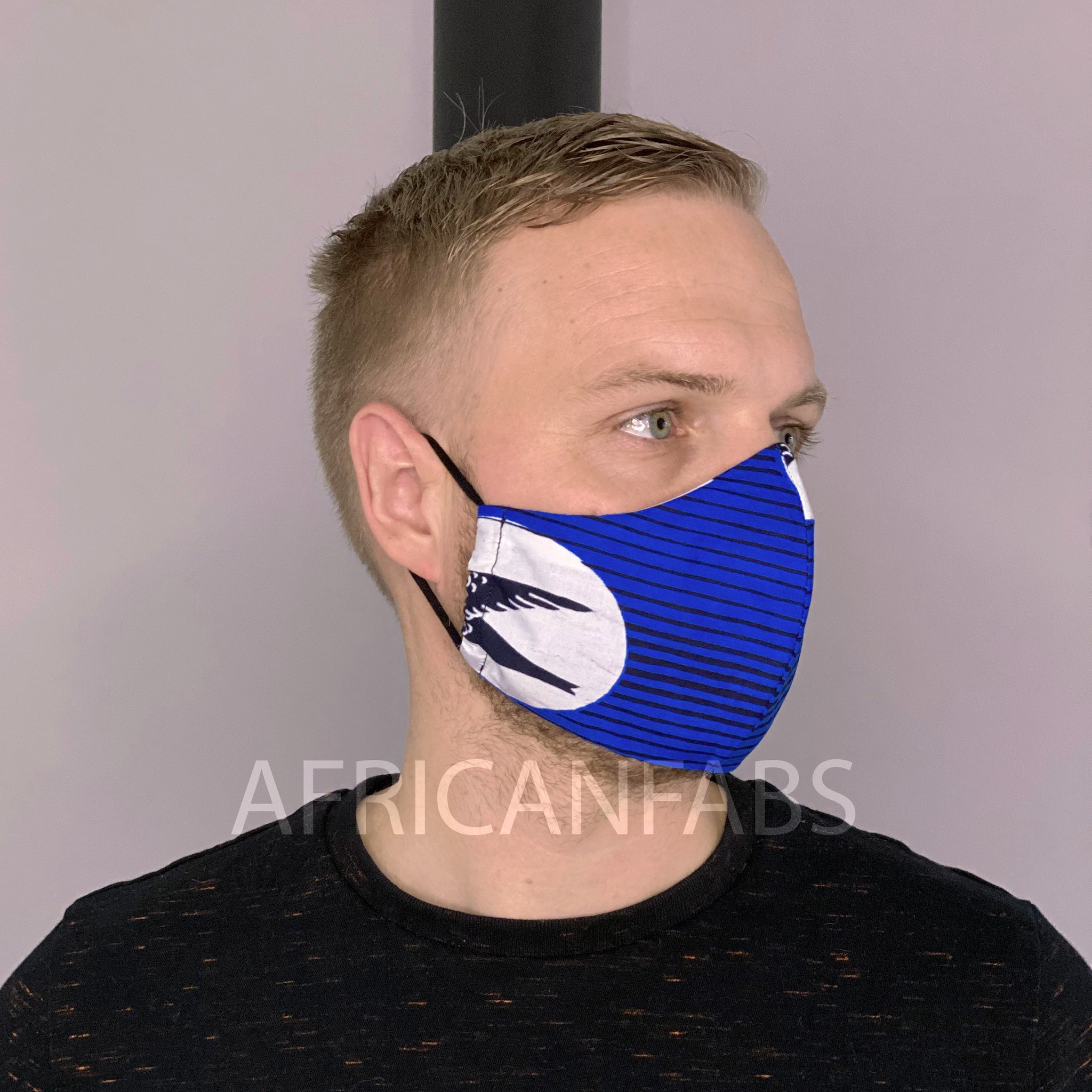 Afrikaanse print mondmasker / mondkapje van Vlisco stof (Premium model) Unisex - Blauwe speedbird